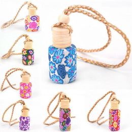 Floral Art Printed Hanging Car Air Freshener Perfume Diffuser Fragrance Bottle Random Color Empty Glass Perfume Bottle Car Decor Gift L Wurq