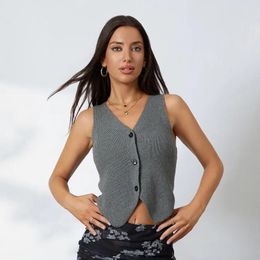 Women's Tanks WPNAKS Women Knitted Vest Crop Tops Summer Clothes Solid Color V-Neck Button Lightweight Sweater Waistcoat