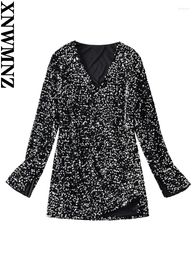 Casual Dresses XNWMNZ Women's Fashion 2024 Sequin V-neck Dress Women Party Style Long Sleeve Versatile Female Chic Mini