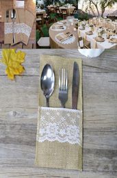 Burlap Cutlery Holder Vintage Shabby Chic Jute Lace Tableware Pouch Packaging Fork Knife Pocket Party Decoration DHL WX97913146651