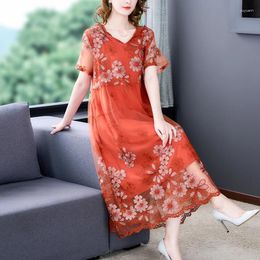 Casual Dresses Women Embroidery Floral Natural Silk V-Neck Hoodie Dress Summer Korean Fashion Light 2024 Elegant Loose Waist Party