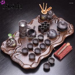 Teaware Sets Purple Sand Home Tea Set Ceramic Teapot Cup Table Ceremony Accessories Solid Wood Tray A