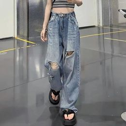 Women's Jeans Y2K Hole Ripped Korean Fashion Baggy Women High Waist Straight Denim Trousers Loose Wide Leg Pants Streetwear