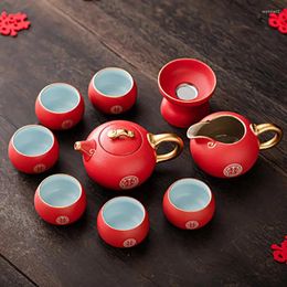 Teaware Sets Ceramic Portable Travel Tea Set Porcelain Kungfu Teapot Teacups With Gift Box For Red Wedding Party Marriage Lywed Supplies