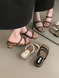 Slippers Cute Women Slides Open Toe Summer Dress Shoes Round Mid Heels Wood Design Black Brown Beige Casual Outside Mules