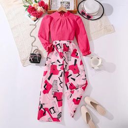 Clothing Sets 2024 Summer Child Clothes Long Sleeve Rose Red T-shirt Print Pants 2 Piece Designer Girls 8-12T