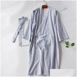 Ethnic Clothing Couple Stripe Japanese Style Cotton Kimono Yukata Woman Haori Sleepwear Men Samurai Costume Long Gown Pajamas Japan Dh6Bf