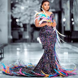 2023 Arabic Aso Ebi Colourful Mermaid Prom Dresses Feather Sequined Lace Evening Formal Party Second Reception Birthday Engagement Gowns 272T