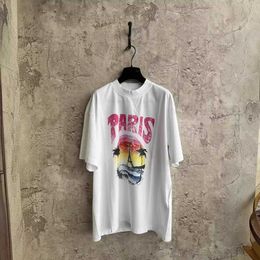 24ss Ceiling Paris Beach Painting Coconut Tree Sunset Short Sleeved Oversize Loose Fit Unisex T-shirt