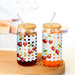Wine Glasses 16oz Cherry Pattern Sublimation Glass Can With Bamboo Lids&Straw Coffee Cup Transparent Bottle Summer Winter Drinkware