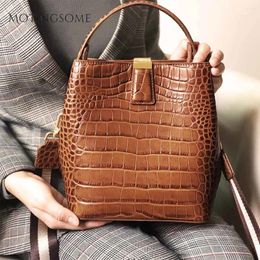 Shoulder Bags Retro Real Genuine Leather Women Bucket Bag Crocodile Calfskin Vintage Crossbody Luxury Female Handbag Designer 2024