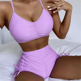 Women's Swimwear Bikini Set Drawstring Bottom Women Purple High Waist Shorts Swimsuits Sexy Bathing Suit Beachwear Femme