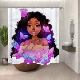 Shower Curtains Black Girl Afro Sweet Afican American With Pink Blue Buttefly Curtain Set Hooks