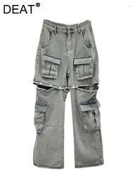 Women's Jeans Women Denim Pants High Waist Retro Detachable Design Washed Cargo Hollow Out Buttons 2024 Summer Fashion 33A1363