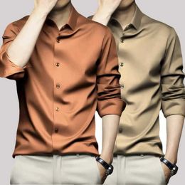 Men's Dress Shirts X-6XL Orange Mens Long Slve Shirt Luxurious Wrinkle Resistant and Non ironing Solid Business Casual Dress Shirt Y240514