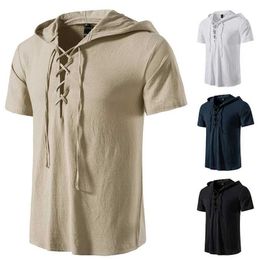 Men's T-Shirts New mens V-neck summer short sleeved T-shirt cotton and linen Led casual breathable shirt Q240514