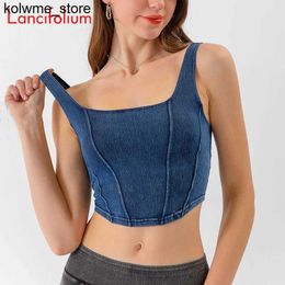 Women's Tanks Camis Y2k Sexy Denim Sports Tank Women Stitch U-shaped Stretch Slim Beauty Back Wear Quick-drying Fitness Corset Crop Top Tanks S24514