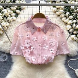 Women's Blouses Chic Elegant Rhinestone Floral Sheer Puff Short Sleeve Loose Top Vintage Korean Fairy Crop Summer Women Clothing