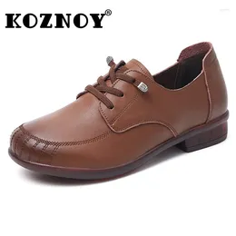 Casual Shoes Koznoy 2.5cm Retro Ethnic Style Sewing Genuine Leather Autumn Summer Ladies Comfortable Flat Lace Up Outdoor Walking Soft