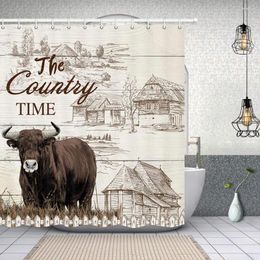 Shower Curtains American Western Country Animals Watercolour Cow On Vintage Wooden With Farmhouse Bath Curtain