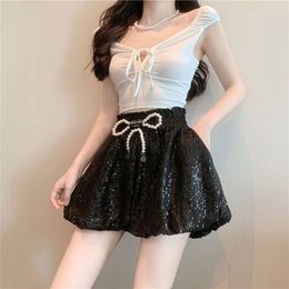 Beading Embroidery High-waisted Loose Shorts Women Summer New Arrived Thin Solid Color Casual Lantern Shorts Korean Style Versatile Fashion Elegant Shorts Female