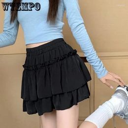 Skirts Black Ballet Style A-line Skirt Ruffled Edge Elastic Waist Built In Shorts Thin Fabric Women's Sweet Fluffy Korean Fashion