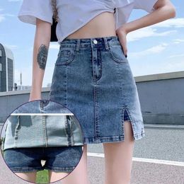 Skirts Korean High Wiast Denim Mini Skirt Women Sexy Girl Tight Bag Hip Female Slim Anti-Glare Short Split JK Y2K