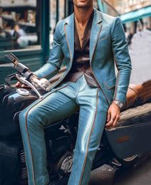 Men Suit Slim Fit Blazer Pants 2Pcs Set Contrast Trim Notch Lapel PU Leather Jacket Male Business Casual Prom Suit Moto style 240513