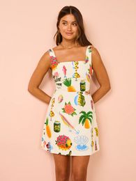 2024 Summer New Fashionable Vintage Fruit Print Hanging Strap Dress Sexy Back Thin Strap Mini Dress Women's Leisure Vacation Beach Skirt