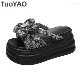 Slippers 8cm Microfiber Synthetic Flowers Flats Women Sandal Sweet Girl Pumps Platform Wedge Summer Peep Toe Fashion Shoes