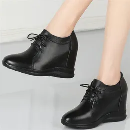 Casual Shoes Platform Pumps Women Lace Up Genuine Leather Wedges High Heel Vulcanised Female Low Top Round Toe Fashion Sneakers