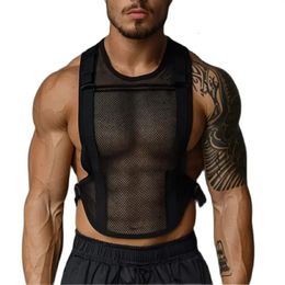 Spring Summer Sports Fitness Tie-up Vest Men Sexy See Through Mesh Tank Tops Mens Slim Fit Sleeveless O Neck Camisoles Muscles 240514