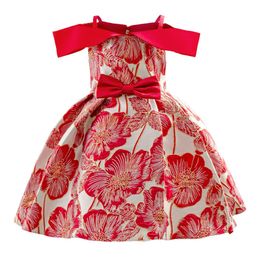 Girl's Dresses 3-10 years old childrens dress Chinese style wedding dress skirt embroidery shoulder red briconic ritual party childrens dres Y240514