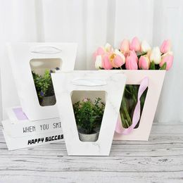 Gift Wrap 1pc Polychrome Flower Paper Boxes Clear Window Transparent Trapezoid Shape Portable Packing Bags