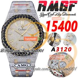 AMG 15400 A3120 Automatische Herren Watch Watch Black Big Diamond Lünette 18K Gelbgold gepflasterte Diamanten -Stift Markier