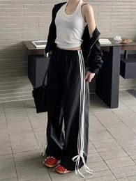 Women's Pants QWEEK Korean Fashion Black Sweatpants Women Y2K Fairycore Bow Wide Leg Joggers Oversized Side Striped Kpop Sports Trousers