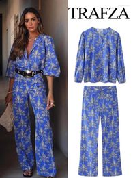 Women's Two Piece Pants TRAFZA Women 2 Set Print O-Neck Single-Breasted Decorate Long Sleeves Casual Top Elegant Pocket Buttons Zipper Pant