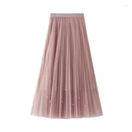 Skirts Heavy Industry Nailed Pearl Yarn Women's Half 2024 Spring And Autumn Mid Length Mesh Pleated Skirt 8581
