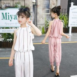 Clothing Sets 2024 Girls Suits Suspenders Summer Sling Ruffles Wide-Leg Trousers 2pcs Kids Clothes White Lovely Elegant Baby Outfits