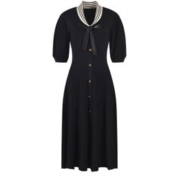 Summer Black Contrast Color Panelled Dress Short Sleeve Peter Pan Neck Waist Belted Knee-Length Casual Dresses Y4W09