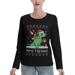 Women's Polos Merry T Rex Mas Ugly Christmas Sweater Long Sleeve T-Shirts Vintage Clothes Oversized Shirts Edition For Women