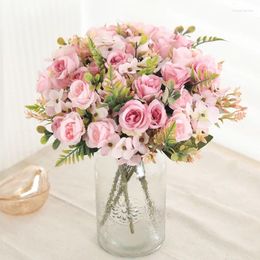 Decorative Flowers Artificial Autumn Silk Roses Hydrangea Bouquet Wedding Holiday Decoration Bridal Hands Fake Home Table Centerpieces