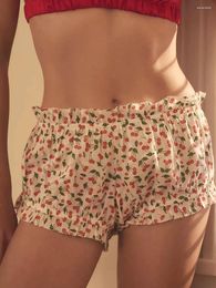 Women's Sleepwear 2024 Fashion Lounge Shorts Casual Cherry Print Elastic Waist Ruffled Bloomers For Summer