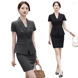 Two Piece Dress Women's Formal Short Sleeve Blazer And Skirts Sets Business Outfit For Office Ladies Elegant Workwear Grey Black Blue Summer
