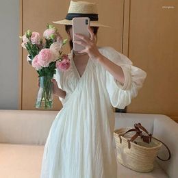 Casual Dresses WDMSNA Autumn Gentle Cross V-Neck Vestidos One Piece Folds Loose Women Dress Korean Chic Solid Color Lantern Sleeve Robe