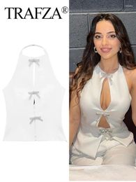 Women's Tanks TRAFZA 2024 Summer Woman Shiny Bows Top White Sexy Hollow Out Backless Halter Camis Sweet Chic Party Female Short Tops Y2k