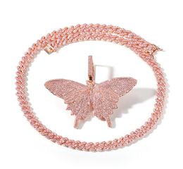 Hip Hop Rose Gold Butterfly Pendant Necklaces Pink Cuban Link Chain Tennis Chain For Men Women Iced Out Cubic Zircon Fashion Jewel1683787