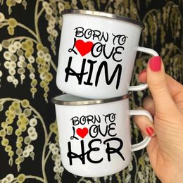 Mugs Born To Love Him/her Print Lovers Breakfast Dessert Milk With Handle Enamel Cups Outdoor Travel Camping Coffee Water Mug