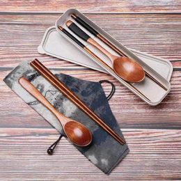 Dinnerware Sets Wooden Chopsticks Spoon Cutlery Set 3 Piece Outdoor Kids Student Portable Solid Storage Bag