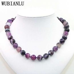 Beaded Necklaces WUBIANLU 6-12mm Natural Stone Purple Agate Pink Agate Stripe Round Bead Necklace Womens Jade Discovered Wholesale d240514